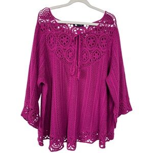 Roamans 3/4 Sleeve Medallion Crochet Sweater Fuchsia Women’s Size 2X